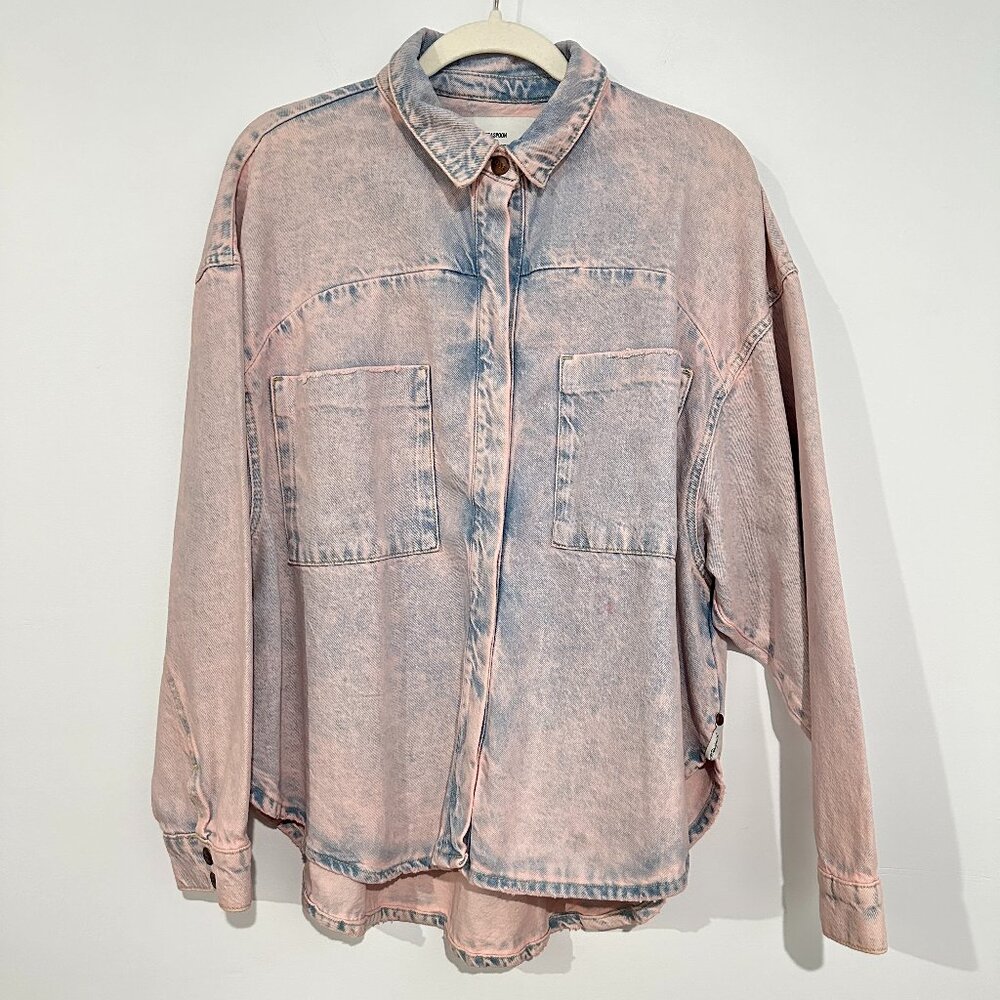 One Teaspoon Daria Denim Shirt Small Pink Blue Snap Button Oversized Shacket